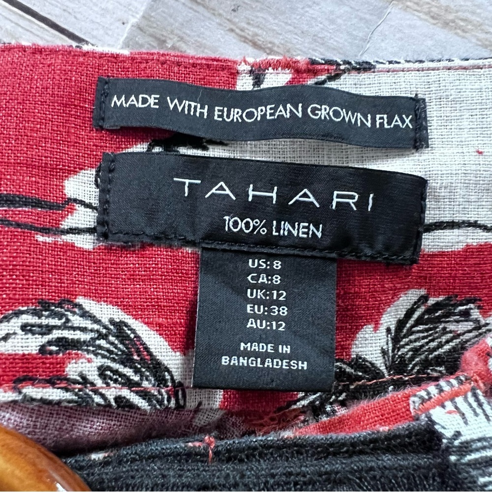 Tahari 100% European Flax Tropical Print Belted Shorts in Orange Black size 8 - Picture 3 of 10